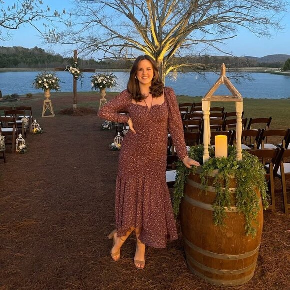 ASTR The Label Ruched Midi Dress Athena Brown Floral Long Sleeve Cocktail Sz M - Picture 3 of 11